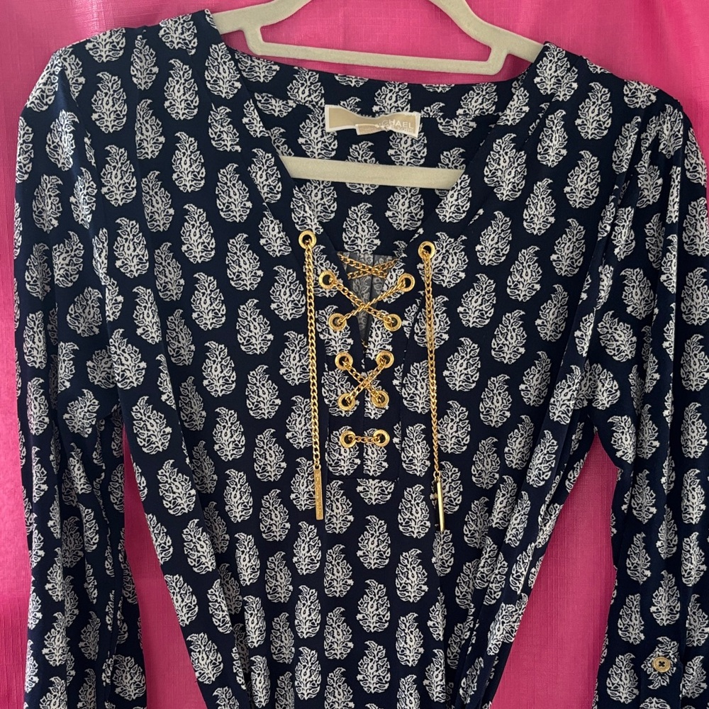 Michael Kors Navy and White Lace-Up Blouse
